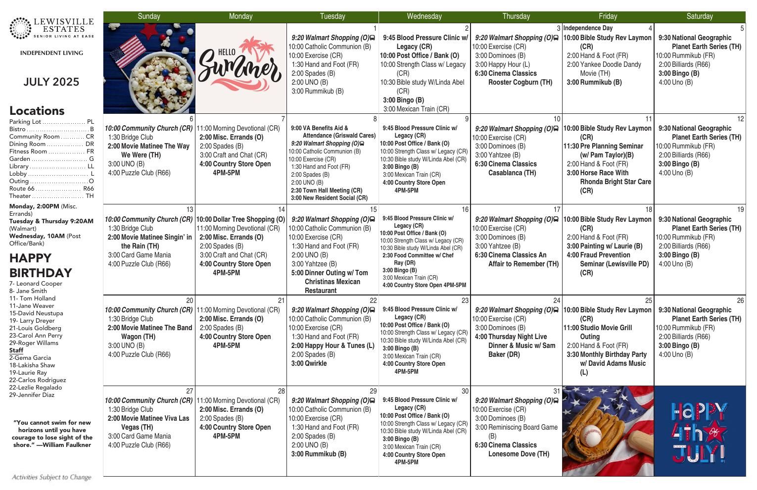 Independent Living Event Calendar