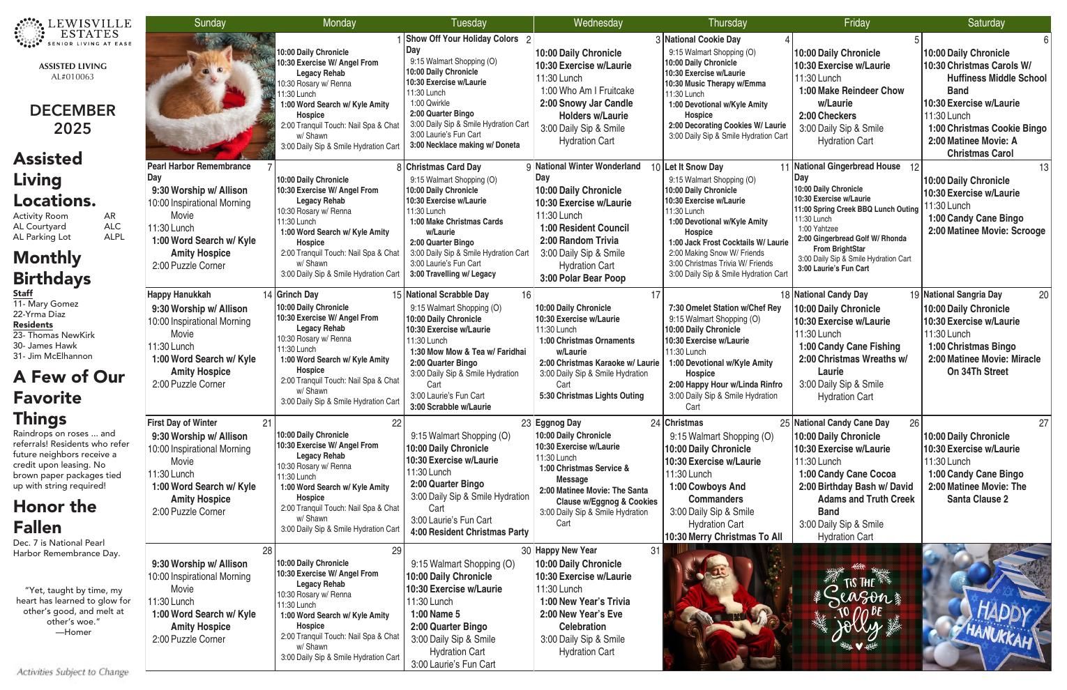 Assisted Living Event Calendar