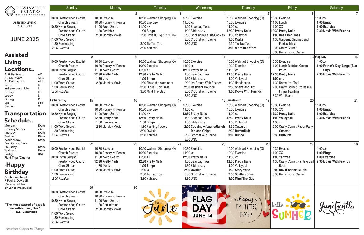 Assisted Living Event Calendar