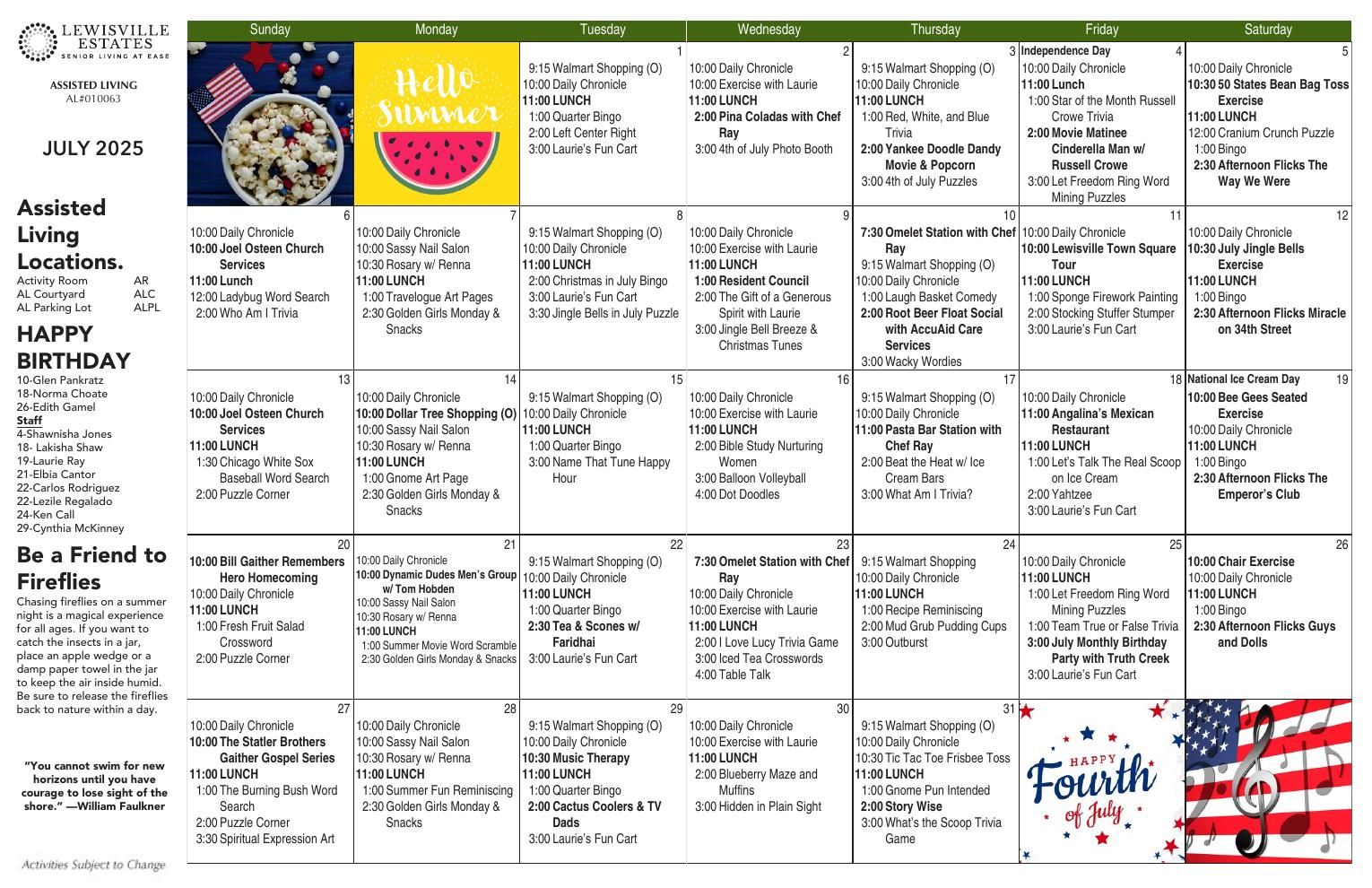 Assisted Living Event Calendar