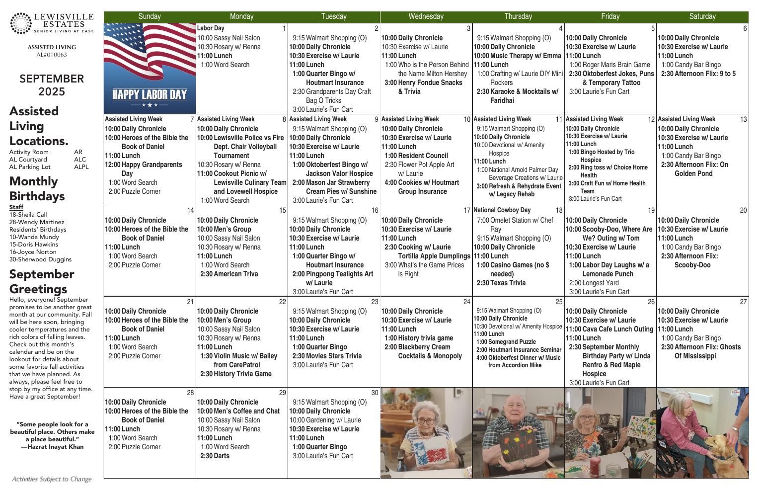 Assisted Living Event Calendar