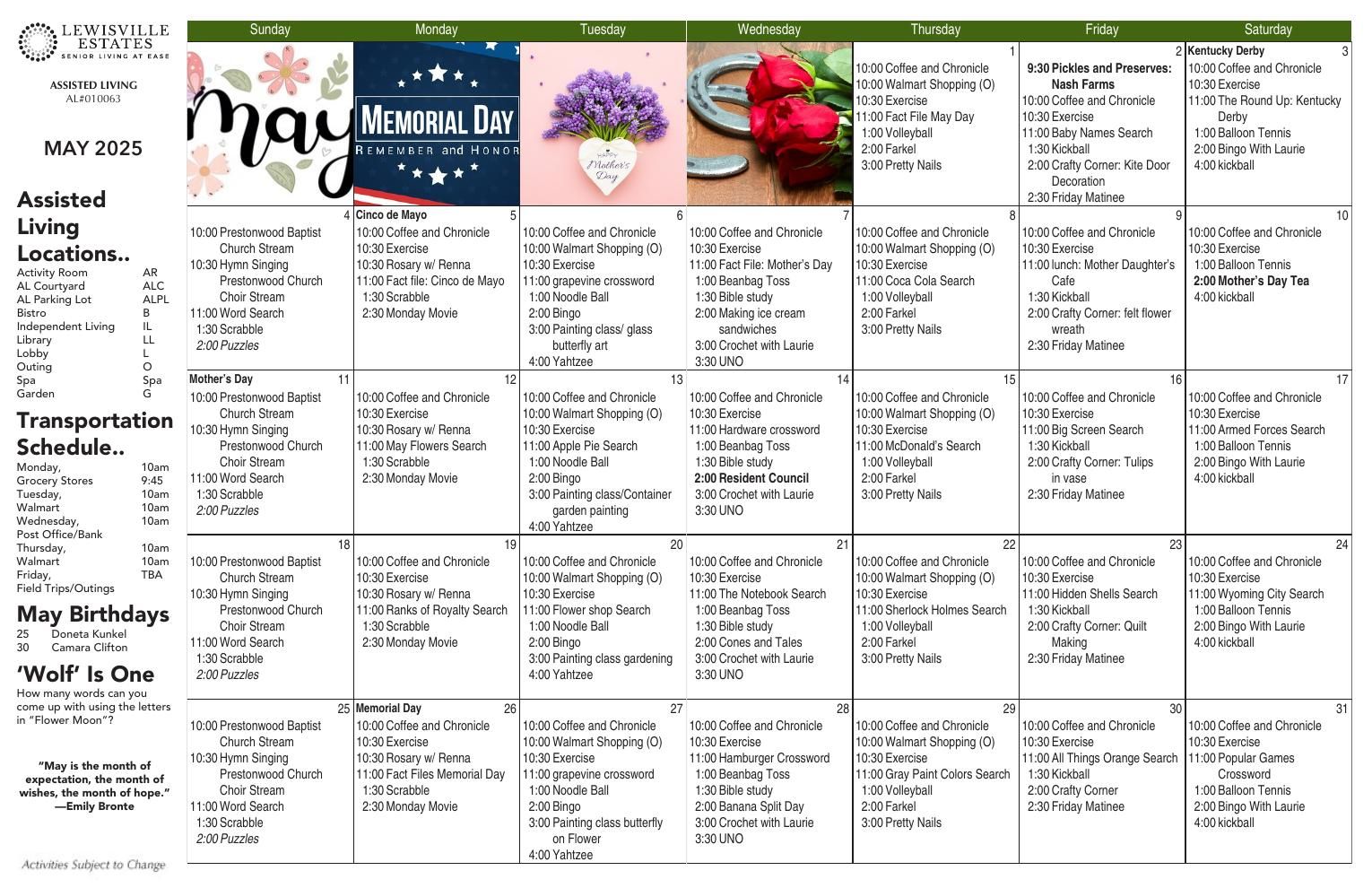 Assisted Living Event Calendar