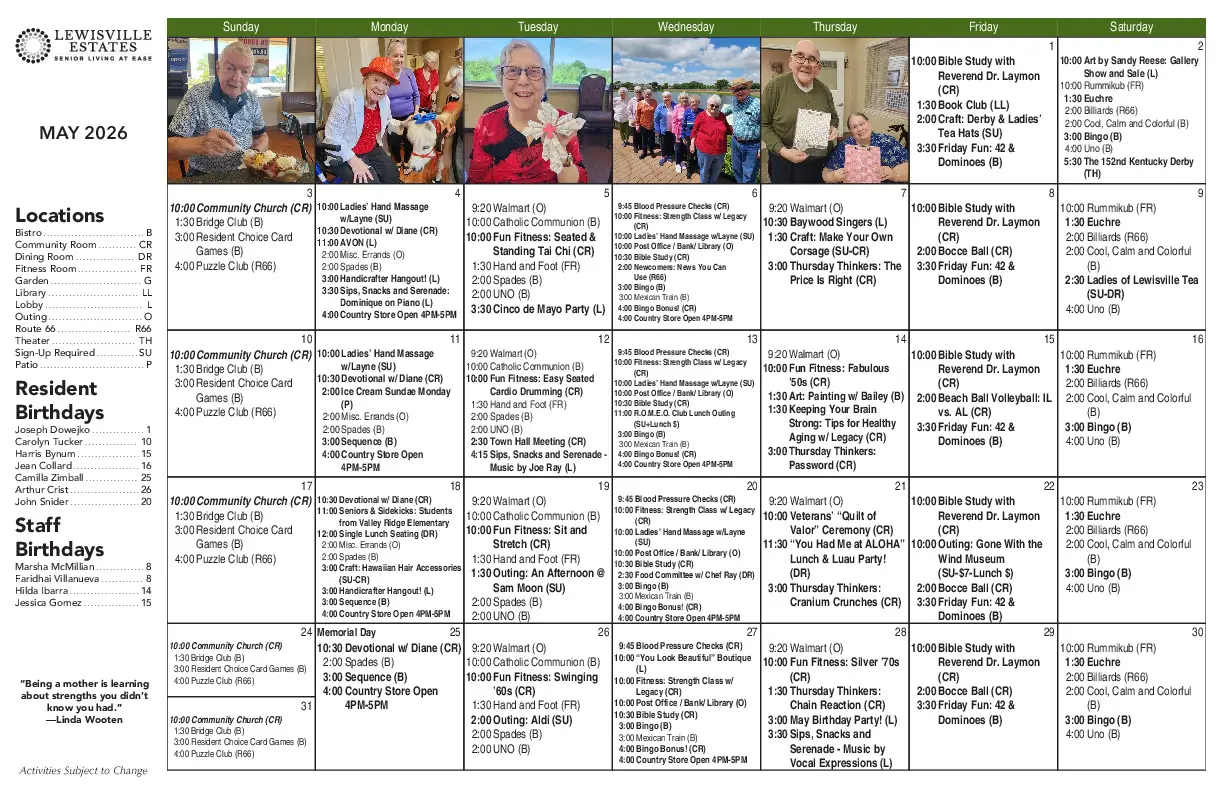 May 2026 activity schedule overview